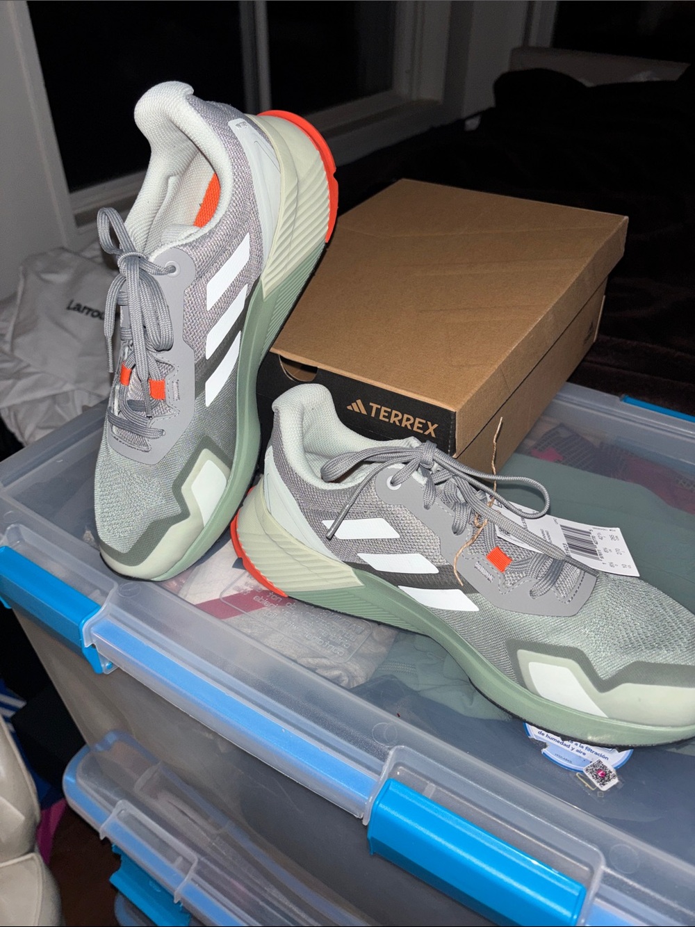 Adidas Terrex Women’s Gray and Sage Green Trail Sneakers with Orange Accents